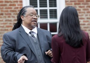 (R-L) Graduate assistant and associate producer of the ‘Voices of Social Justice’ podcast Avital Abraham interviews Llewelyn Cornelius.