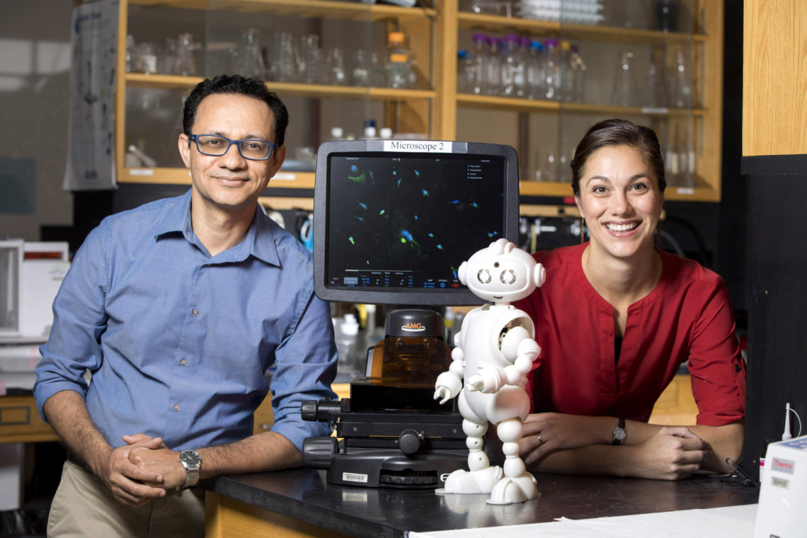 Innovation Fellows Hitesh Handa and Jenay Beer in Handa's Lab and with Beer's robot. (Photo by Dorothy Kozlowski)