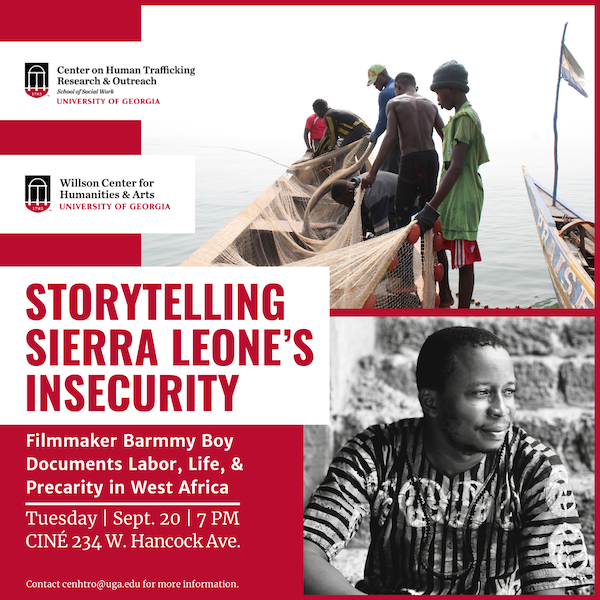 Graphic sharing event info on short documentaries about human trafficking and child labor in Sierra Leone