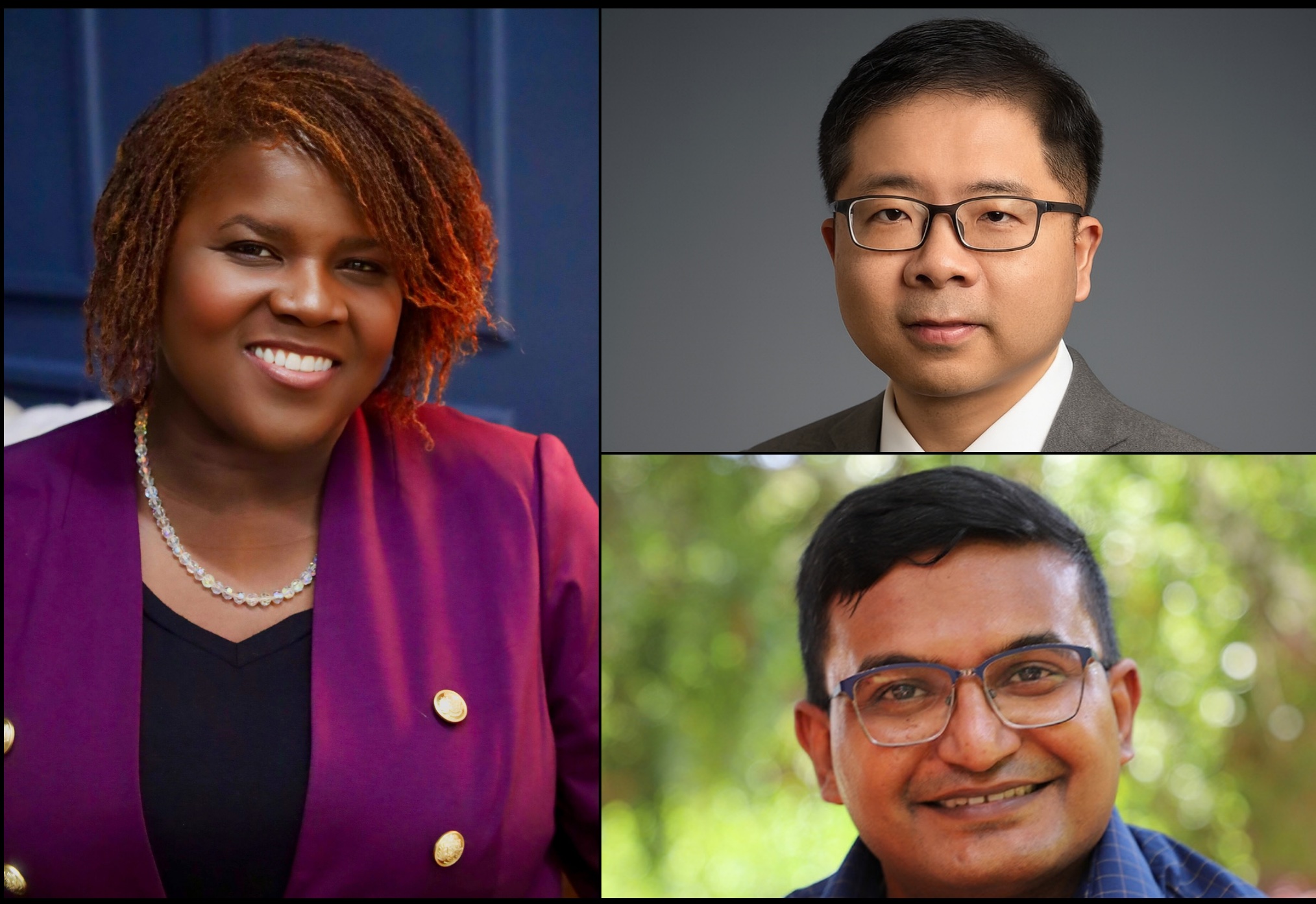 Professional headshots of Karen A. Johnson, Associate Professor, Ye Shen, Ernest Corn Professor and Department Head of Epidemiology & Biostatistics at the Institute of Gerontology, and Mohammad Rifat Haider, an Associate Professor in the Department of Health Policy and Management