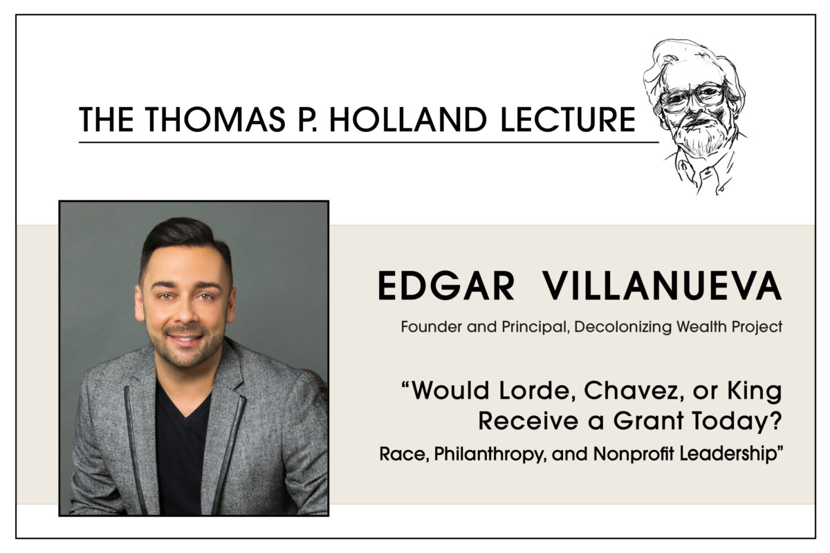 Graphic to promote Thomas P. Holland Lecutre with Edgar Villanueva headshot