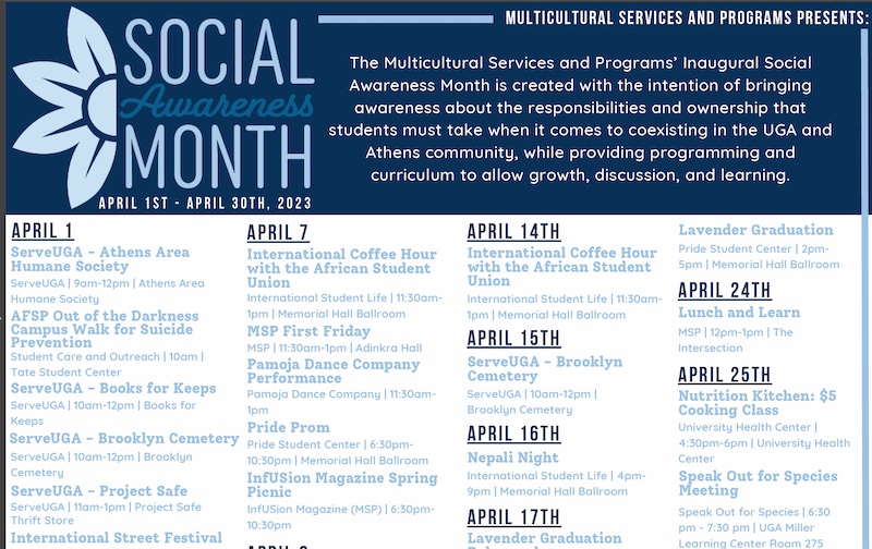 Graphic showing calendar of events for Social Awareness Month in April 2023.
